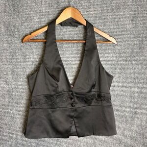 Bandolino Black Satin Halter Vest Top Embroidered Beaded V-Neck Size 10